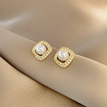  2021 Nový Príchod Módne Trendy Geometrické Zirkón Simulované-pearl Náušnice Pre Ženy Lesklé Šperky Crystal Fashion Oorbellen