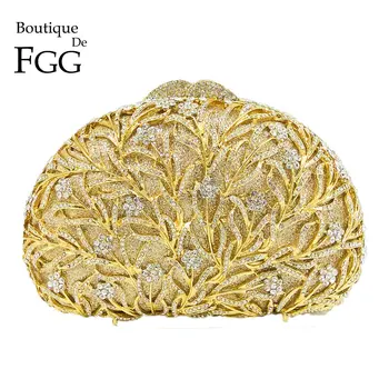  Boutique De FGG Eleganciu Oslňujúci Ženy Gold Crystal Kabelku Večer Spojka Taška Svadobný Kvet Kabelka Svadobné Party Kovových Spojok
