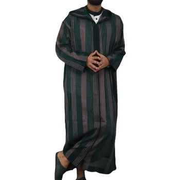  Islamský Kaftan Moslimských Takí Muži Bežné Pruhované Tlač Dlhý Rukáv Voľné Šaty, Módne pánske Kapucňou Rúcha Arábia Thobe