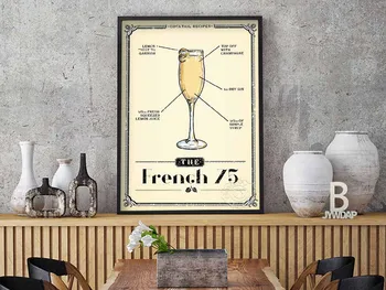  Kuchyňa francúzsky 75 Plátno na Maľovanie Víno Koktail Plagáty a Vytlačí Wall Art Obraz pre Reštaurácia, Jedáleň Dekorácie na Stenu