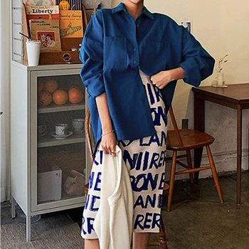  Móda, Nové High Street Ženy Pevný Golier Košele Biele Modré Dámske Tričko Plné Rukávy pre Ženy Ležérne Oblečenie 2021