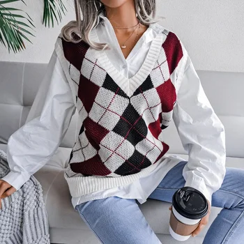  Top ženy pletený sveter vesta pulóver 2021 jeseň new college štýl voľné tvaru elegantné módne bežné diamond vesta svetre