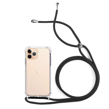  Transparentné iPhone 11 Pro anti-vyhodiť prípade + čierna šnúra-Gél Tpu silikónové zosilnené rohy visieť lano