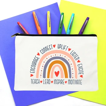  Učiť Milovať Inšpirovať Rainbow Učiteľ Kozmetické Ceruzky Tašky Podporovať Život, Bežné Zips Make-Up Organizátor Toaletné Puzdro Darček Kabelku