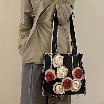  Xiuya Gotický Plátno Tašky Dámy Japonský Tvorivé Ruže Kvetinový Goth Lolita Tašky Cez Rameno Pre Ženy 2021 Veľká Kapacita Tote Shopper