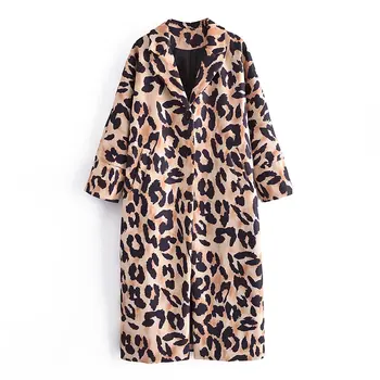  ZXQJ Ženy Leopard Vlnené Kabát 2021 Jesenné Módne Dámske Elegantné Voľné Bežné Tlačidlo Dlho Streetwear Žena Nadrozmerná vrchné oblečenie