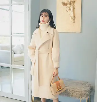  Ženy vlnené kabáty vysokej kvality kórejský outwear golier dlhý pás topy, luxusná zmes golier teplá bunda na jeseň zima Vetrolam